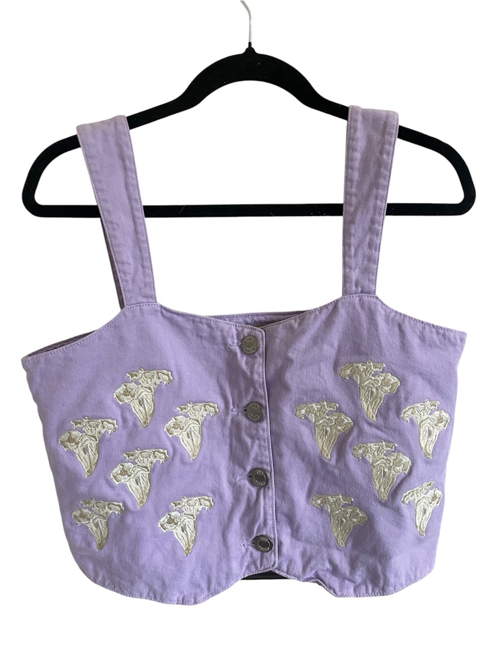 TNS Denim-Lavender Embroidered Denim Crop Top | Fairycore Cottagecore Tank